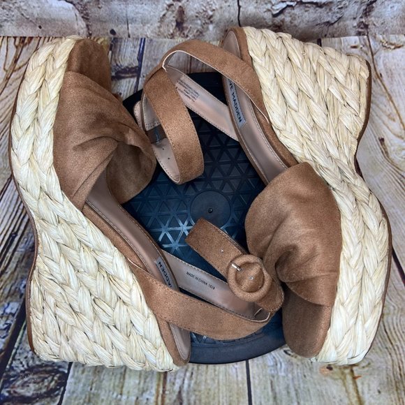 Steve Madden Women's Brown Fabric Open Toe Ankle Strap Jute Wedges Sandals 8.5 M - Picture 5 of 9